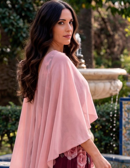 Pastel pink chiffon cross over cape for wedding guest