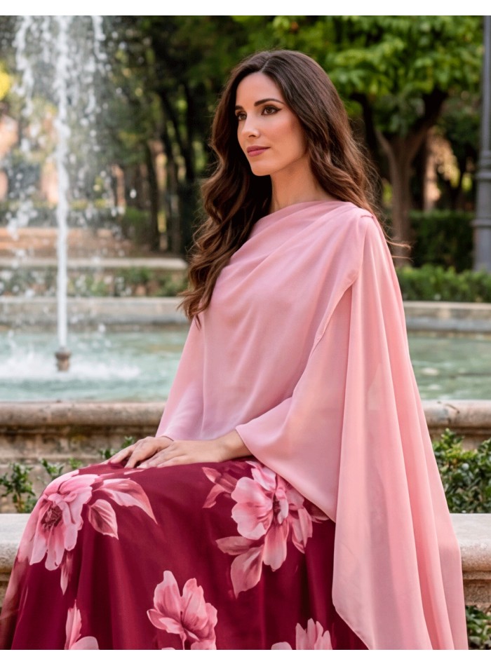 Cape croisée en mousseline de soie rose pastel...