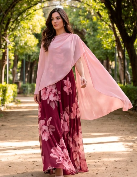 Pastel pink chiffon cross over cape for wedding guest