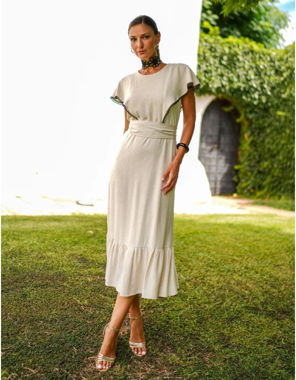 Vestido midi con detalle de bordado y volante