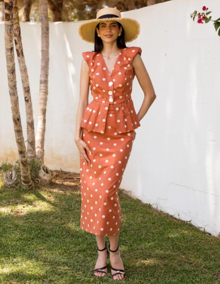 Conjunto de dos piezas con estampado de lunares color naranja