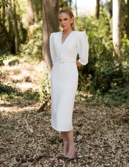 Jacquard midi dress with waist belt and shoulder pads