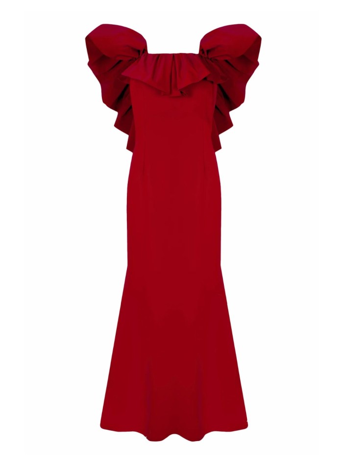 Vestido de fiesta largo de corte sirena con escote de maxivolante