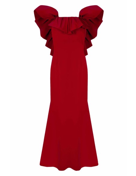 Vestido de fiesta largo de corte sirena con escote de maxivolante