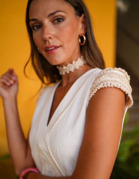 White midi dress with beige embroidered details