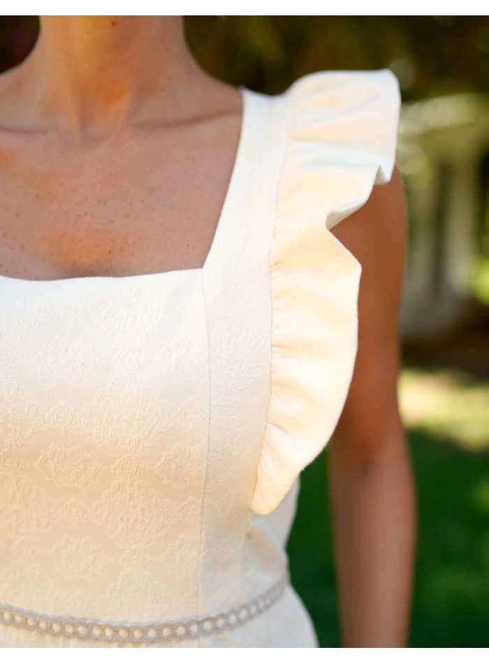 White midi dress in brocade fabric with ruffle...