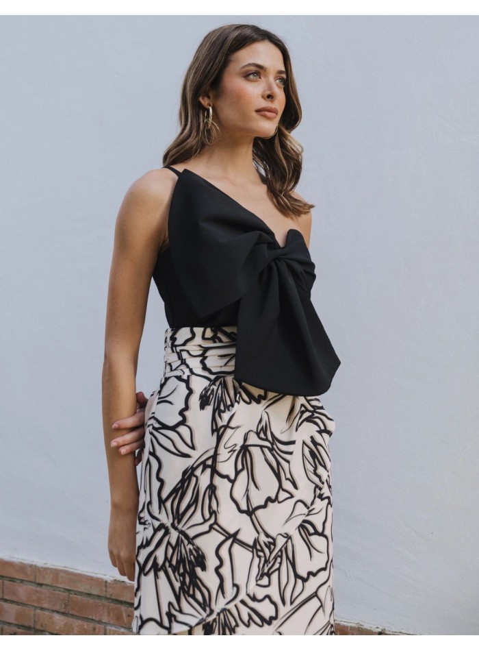 Jupe midi en tissu imprimé noir et blanc avec...