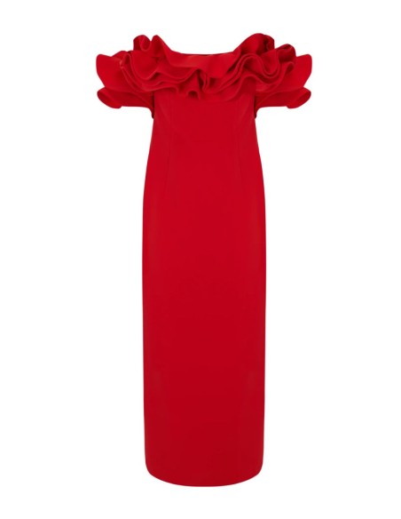 Midi dress with bardot neckline and ruffled sleeves