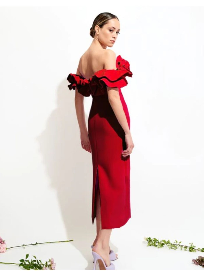 Midi dress with bardot neckline and ruffled...