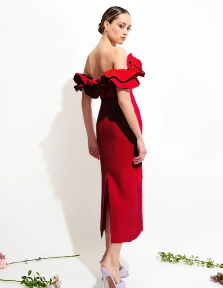 Midi dress with bardot neckline and ruffled sleeves