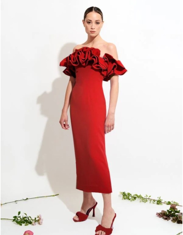 Robe midi avec encolure bardot et manches volantées