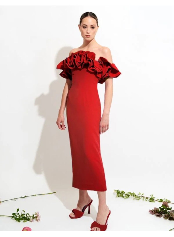 Midi dress with bardot neckline and ruffled...