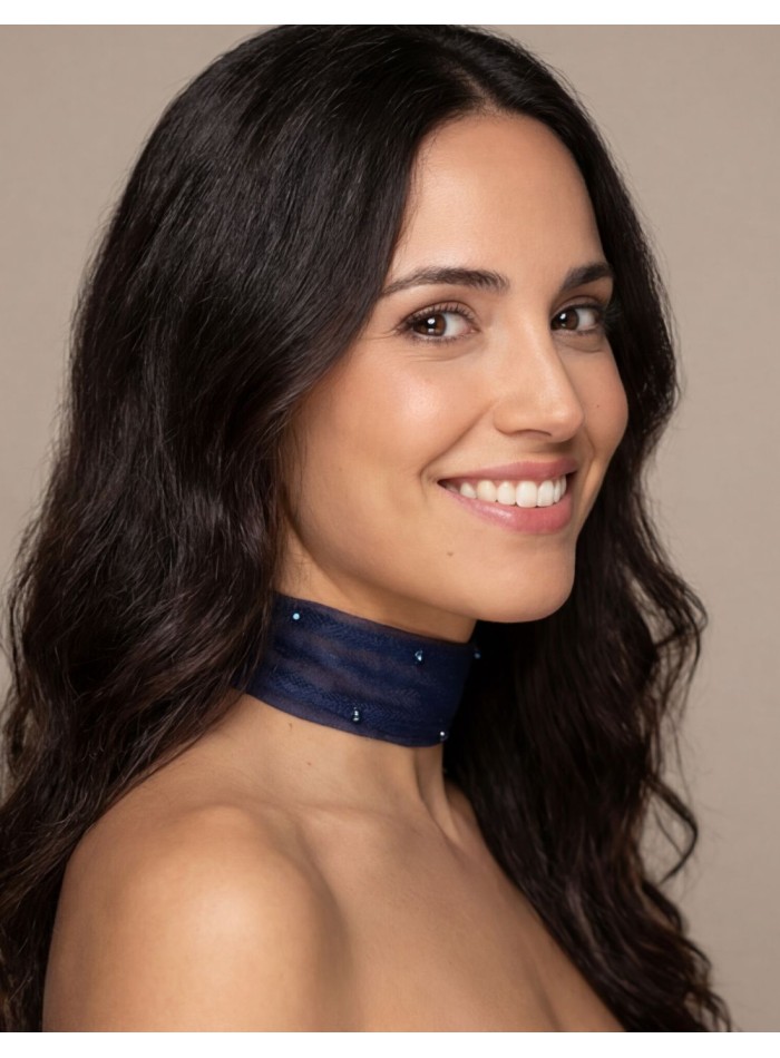 Navy blue satin choker with rhinestone details