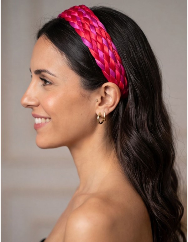 Diadema trenzada en raso en tonos rosa y rojo