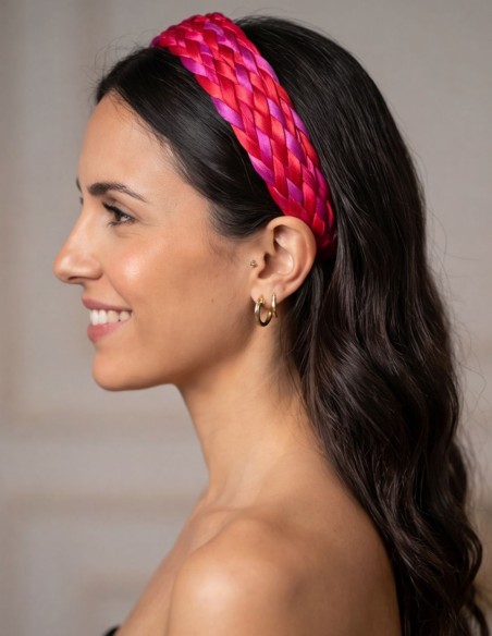 Bandeau en satin tressé dans les tons rose et rouge
