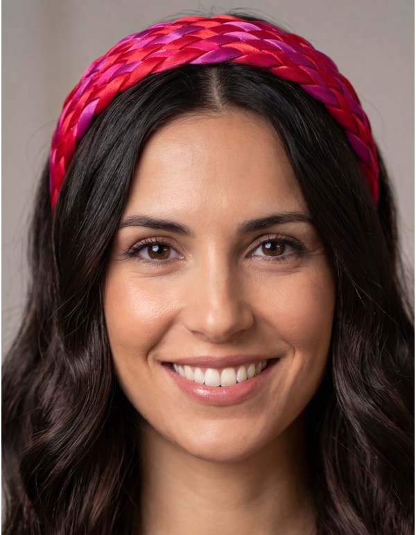 Braided satin headband in pink and red tones 2