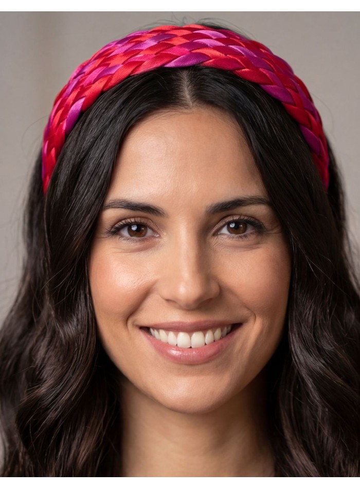 Braided satin headband in pink and red tones