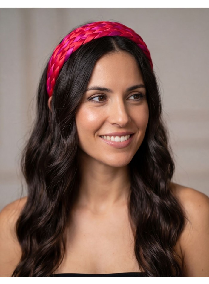 Braided satin headband in pink and red tones