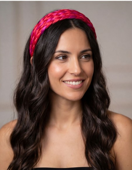 Braided satin headband in pink and red tones