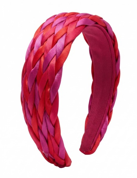 Braided satin headband in pink and red tones