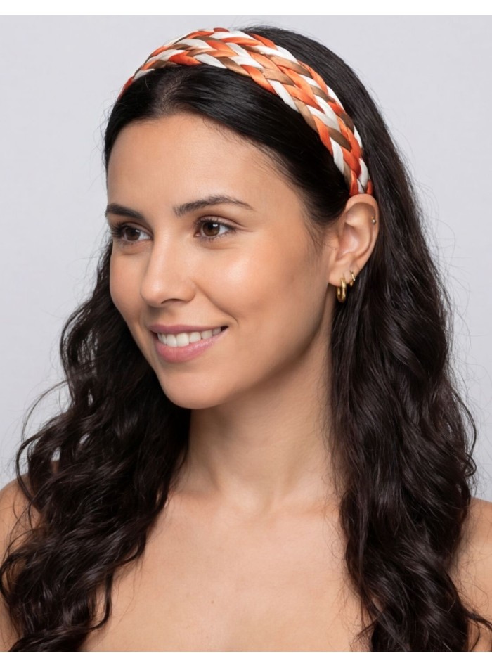 Diadema trenzada en raso en color naranja y blanco