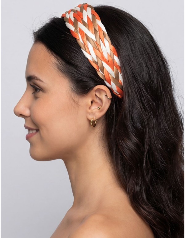 Diadema trenzada en raso en color naranja y blanco 2