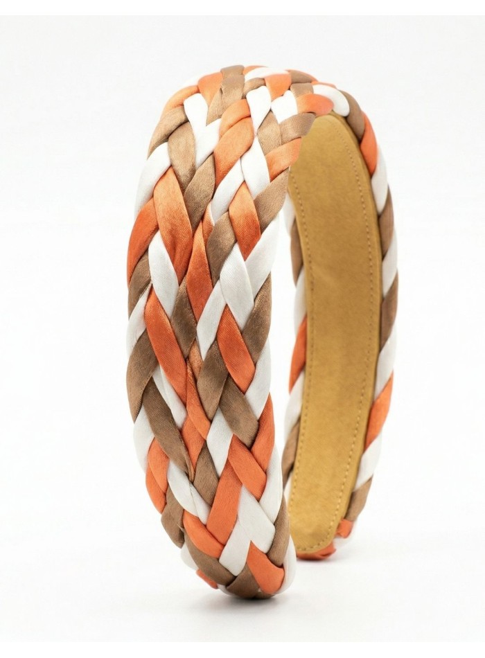 Diadema trenzada en raso en color naranja y blanco