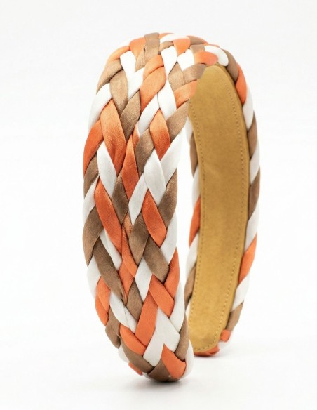 Diadema trenzada en raso en color naranja y blanco