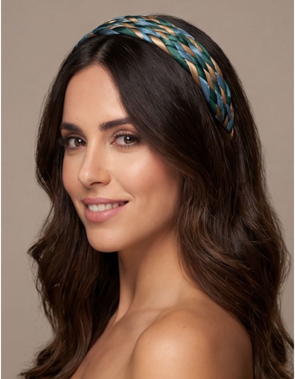 Bandeau en satin tressé dans les tons bleus