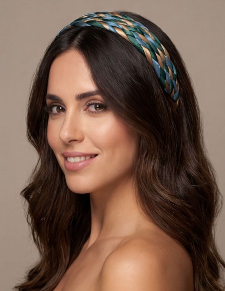 Bandeau en satin tressé dans les tons bleus