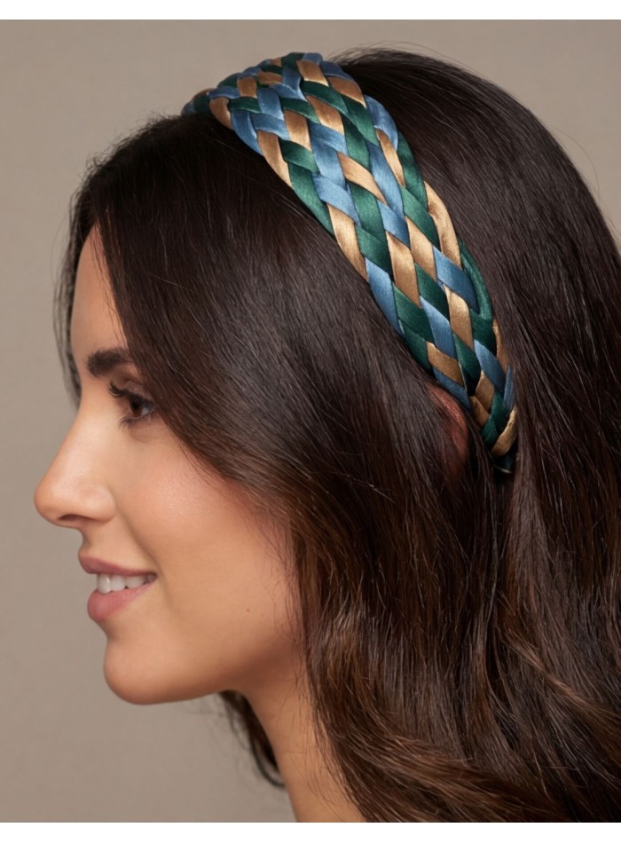 Diadema trenzada en raso con tonos azules