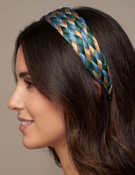 Bandeau en satin tressé dans les tons bleus