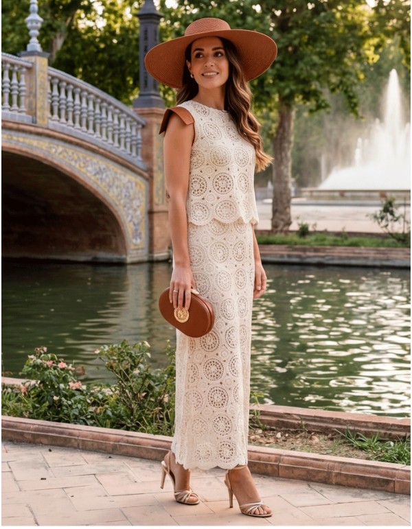 Beige crochet wedding guest ensemble with brown details
