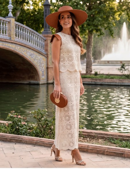 Beige crochet wedding guest ensemble with brown details