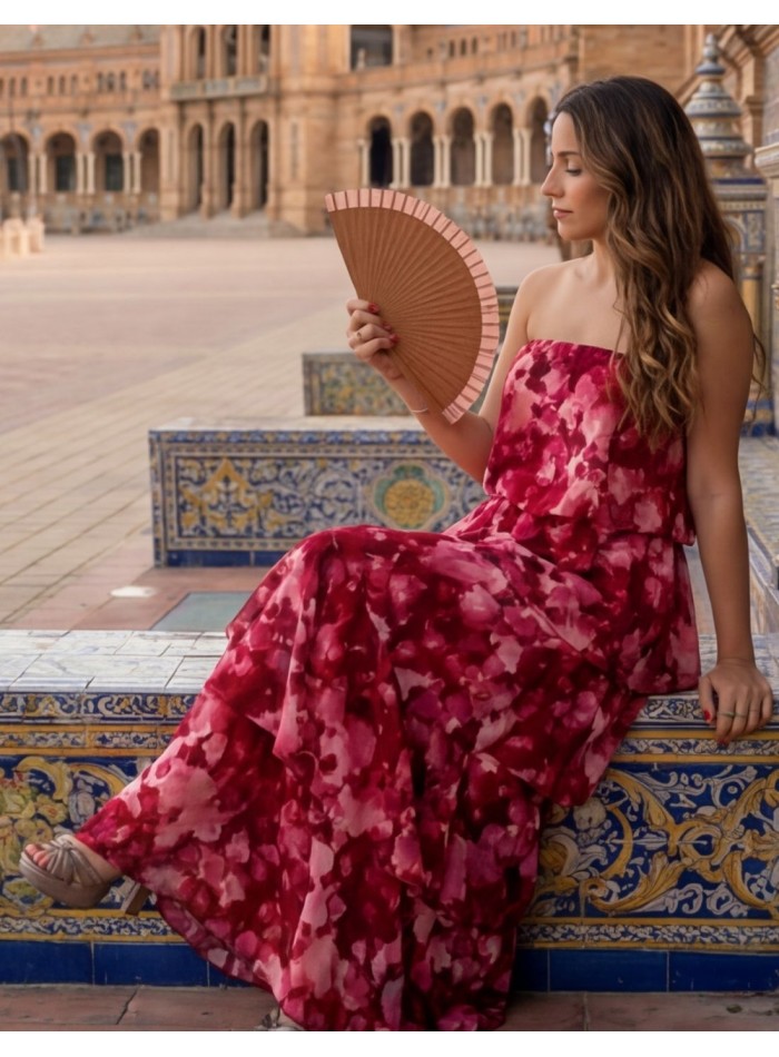 Robe midi imprimée rose et rouge avec bretelles