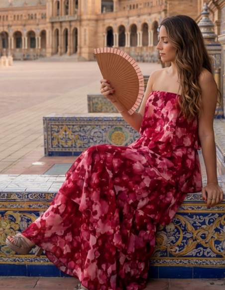 Robe midi imprimée rose et rouge avec bretelles