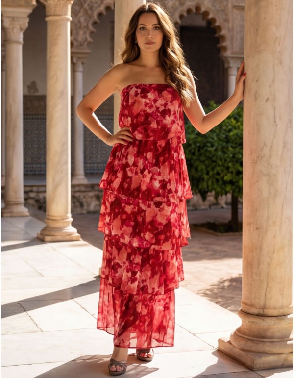 Robe midi imprimée rose et rouge avec bretelles
