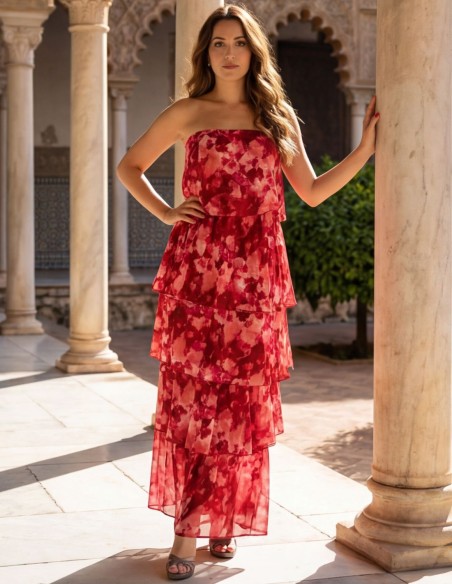 Robe midi imprimée rose et rouge avec bretelles
