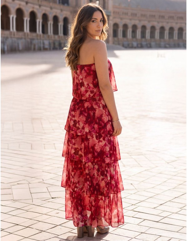 Robe midi imprimée rose et rouge avec bretelles 2