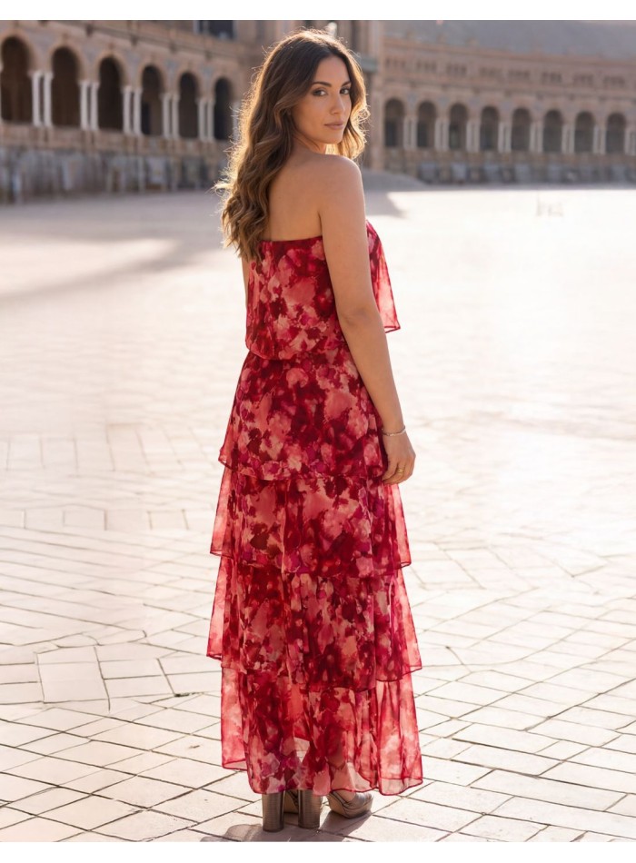 Robe midi imprimée rose et rouge avec bretelles
