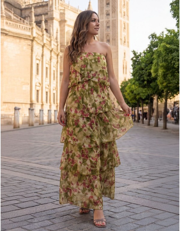 Flowing midi dress with ruffles and strapless in green tones