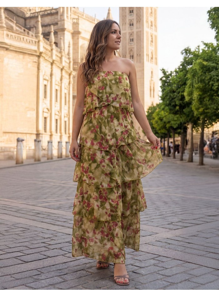 Flowing midi dress with ruffles and strapless...