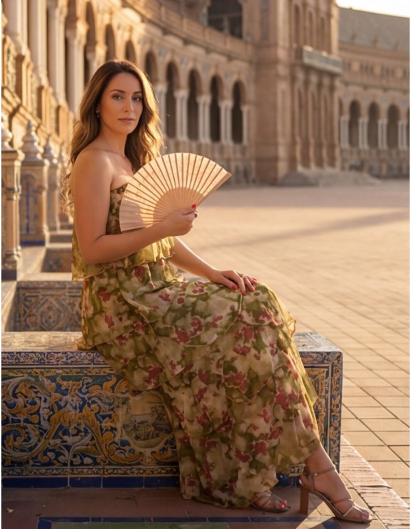 Vestido midi fluido con volantes y palabra de honor en tonos verdes 2