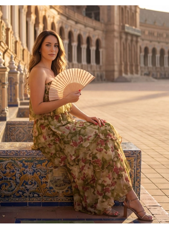 Flowing midi dress with ruffles and strapless...