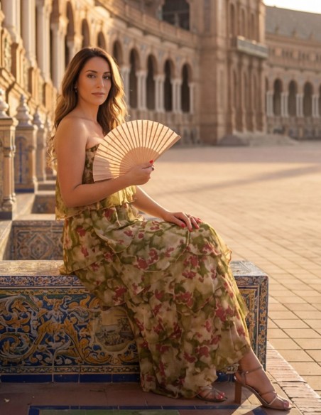 Robe midi fluide à volants et bustier dans les tons verts