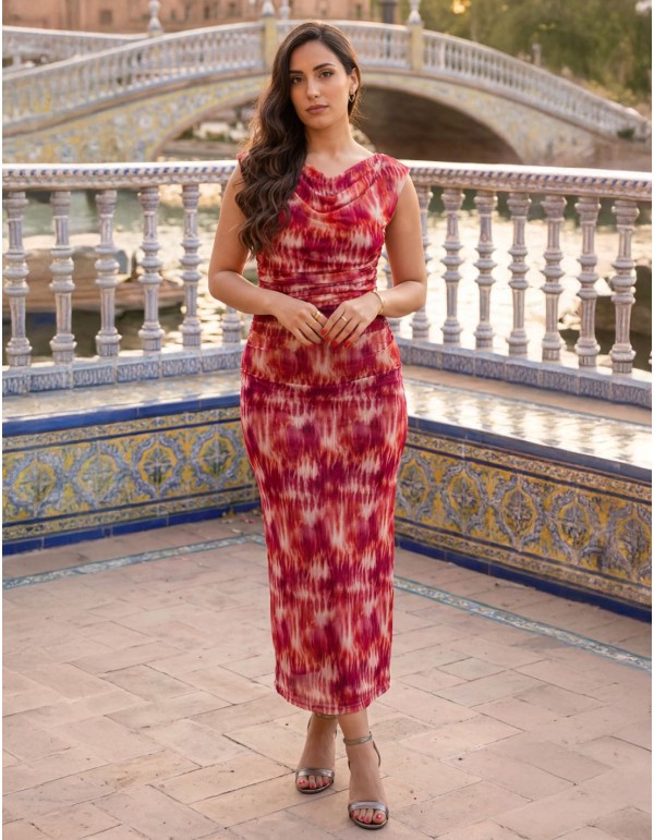 Printed midi dress with pink and orange tones with draping