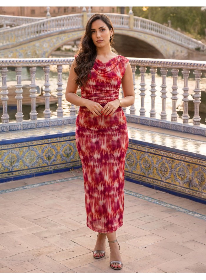 Printed midi dress with pink and orange tones...