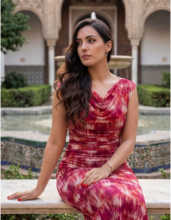 Printed midi dress with pink and orange tones with draping 2