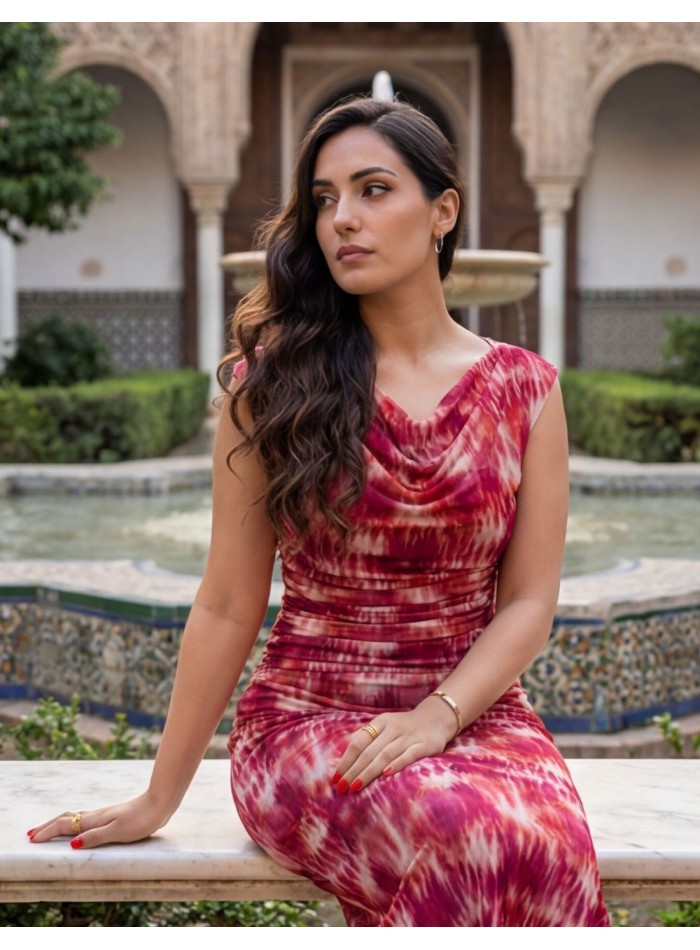 Printed midi dress with pink and orange tones...