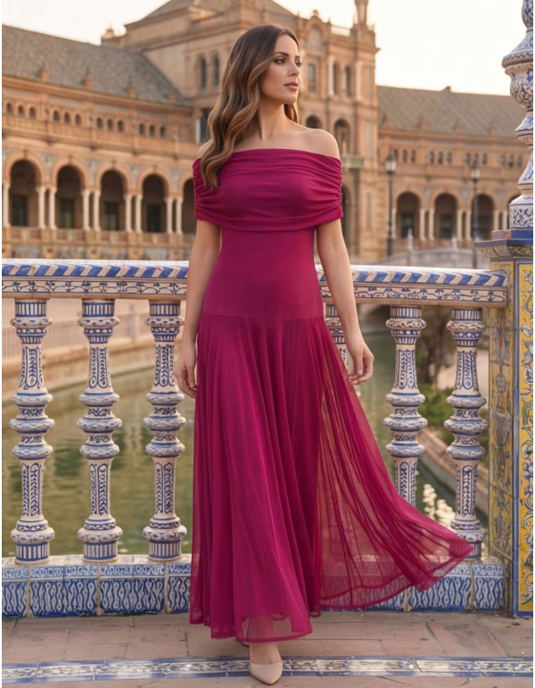 Bougainvillea midi dress with bardot neckline in...